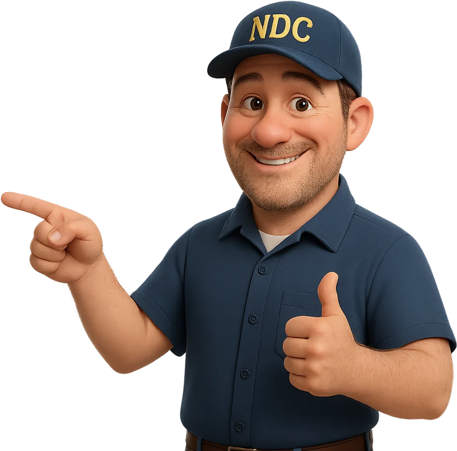 David, the NDC Smog mascot, in a cap holding a tablet with a green check mark